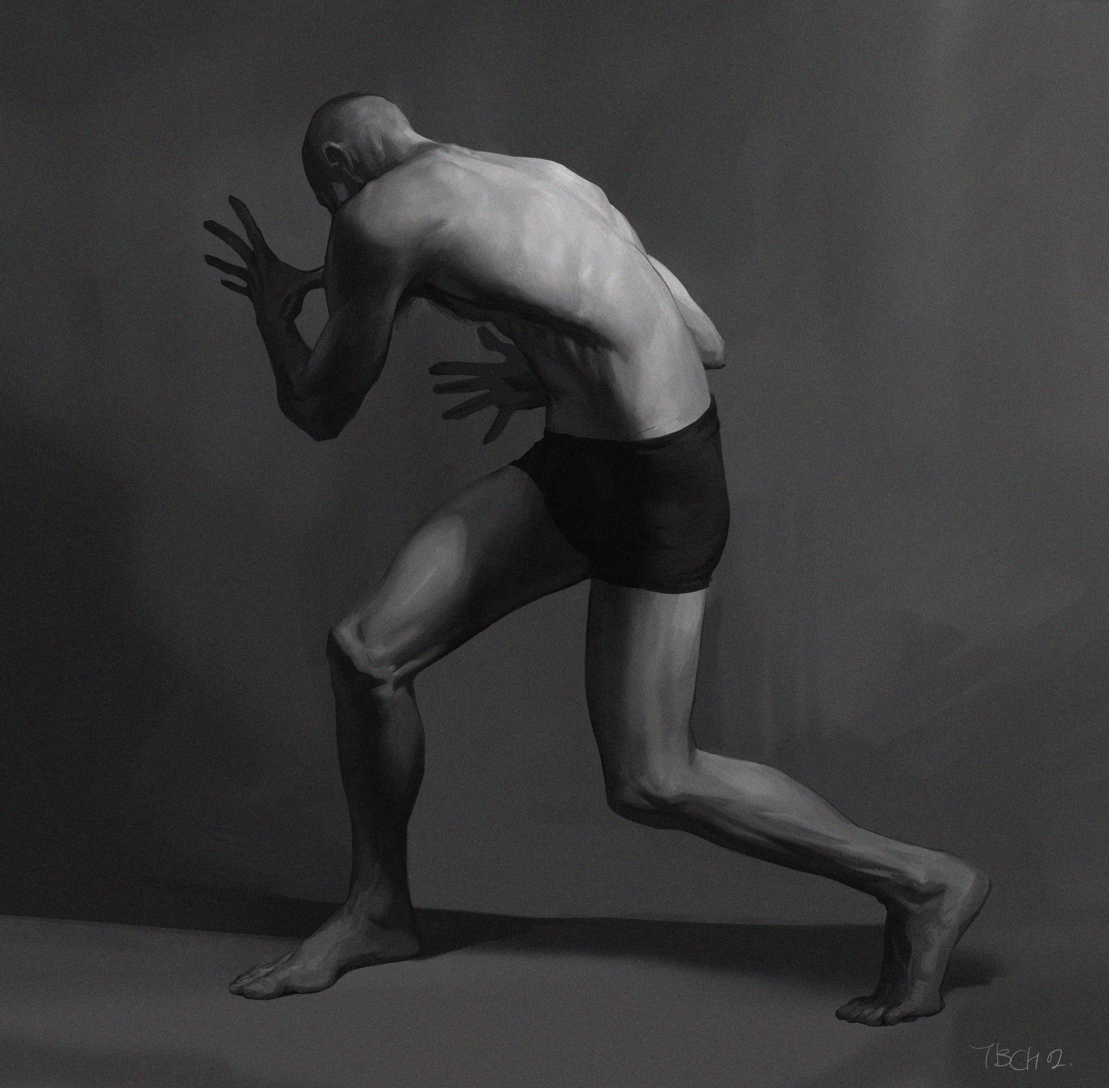 the image is a grayscale digital painting or drawing of a muscular male figure in a dynamic, somewhat contorted pose. the man is shown from the back, slightly angled, with his head bowed and hands near his face. his body is tense, suggesting either pain, distress, or intense concentration. the lighting is dramatic, with strong shadows highlighting the musculature and the form of his body. the overall mood is somber and intense. the background is a simple, dark gray, allowing the figure to stand out prominently. the style of the artwork is realistic, with careful attention paid to anatomical detail. the artist’s signature or mark appears in the bottom right corner.