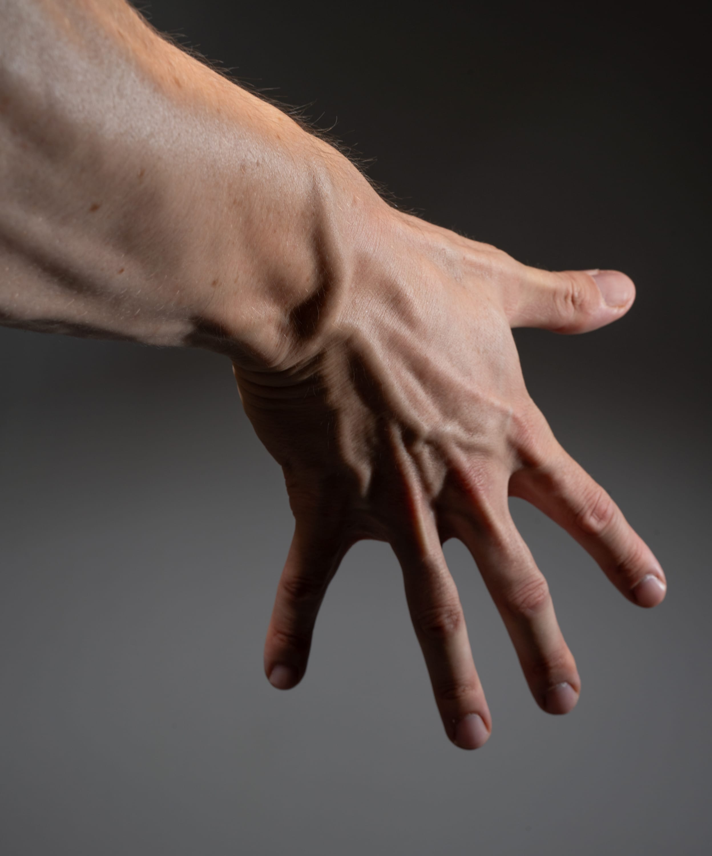 the image shows a man's hand with prominent veins and muscles, suggesting strength and power. the hand is extended outwards, with fingers slightly spread. the lighting is dramatic, highlighting the contours and textures of the skin and veins.  the background is a neutral gray, drawing attention to the hand as the central focus.