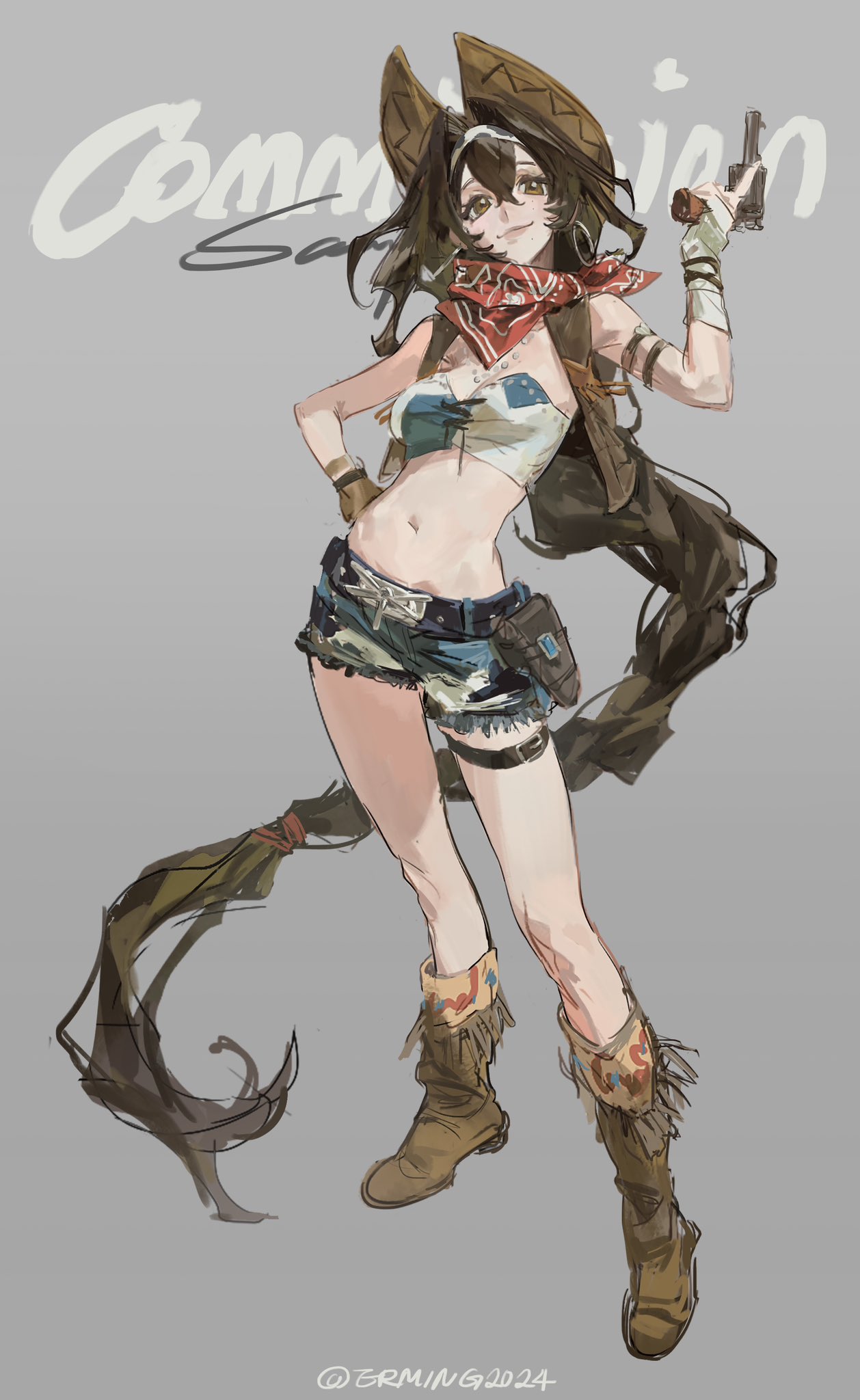 an anime style drawing of a female character wearing a cowboy hat, boots, and a bandanna around her neck. she is holding a gun in her right hand. her hair is long and flowing and she has a mischievous smile on her face. the drawing is done in a sketchy, colorful style.