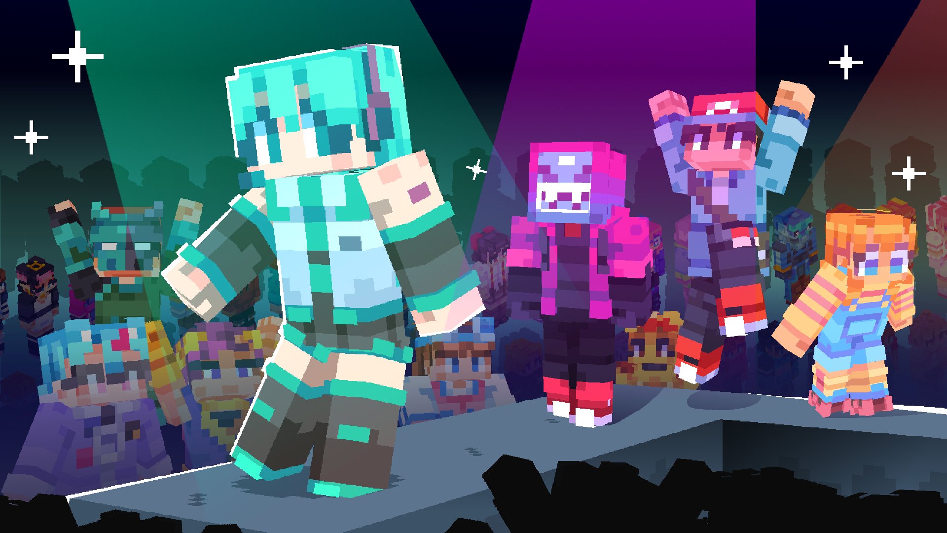 the image showcases a lively scene from what appears to be a minecraftthemed concert or party. four pixelated characters, each sporting distinctive outfits and hairstyles, are captured middance move on a raised stage. the character on the far left is dressed in an outfit reminiscent of hatsune miku, a popular virtual singer.  a sizable audience of similarly pixelated characters fills the background, their excitement palpable as they cheer on the performers.  the vibrant lighting, reminiscent of stage spotlights, further enhances the festive atmosphere.