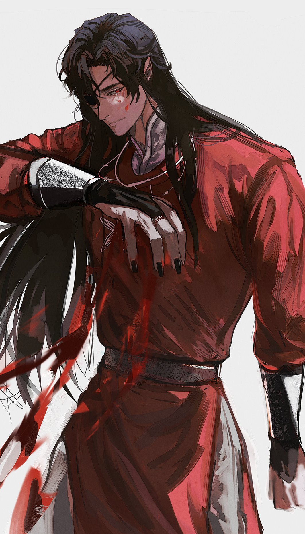 a man with long black hair and an eyepatch is wearing a red robe and has blood on his hands. he looks serious and dramatic. he is likely injured. he looks like a character from an anime or manga. the drawing is in a dark style.