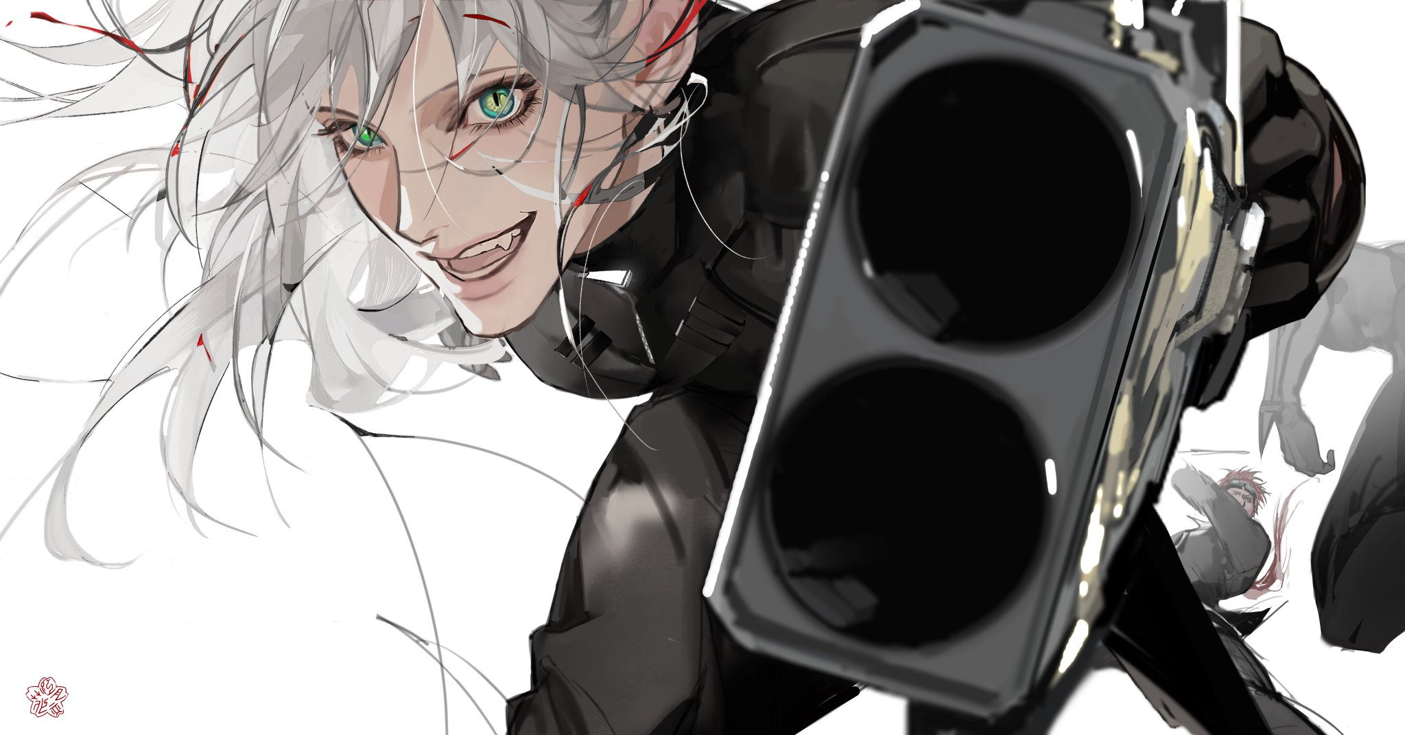 a digital drawing of an anime woman with white hair and green eyes, wearing black clothes, aiming a gun at the viewer with a determined expression on her face. the background is white with a few red lines, which could represent blood or energy. the drawing is in a dynamic style, with the woman's hair blowing in the wind and the gun pointed directly at the viewer.  the overall tone of the image is one of action and aggression.  the drawing is very detailed and wellexecuted, with a focus on realistic anatomy and lighting.
