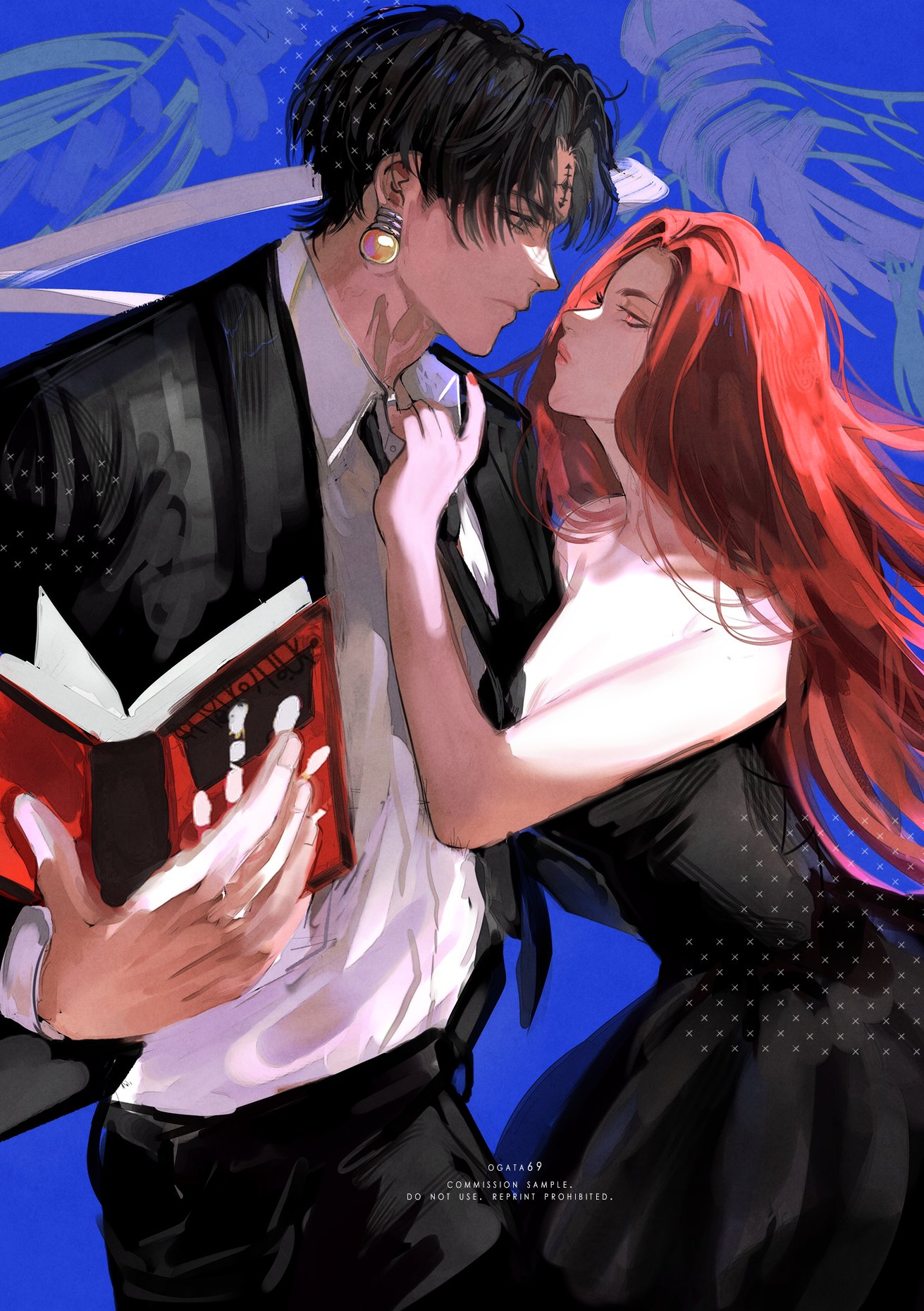 this is a digital artwork of a couple, a man in a suit with black hair and a woman with red hair in a black dress, embracing and kissing while holding a book. the background is a blurry blue and white with a faint image of angels.