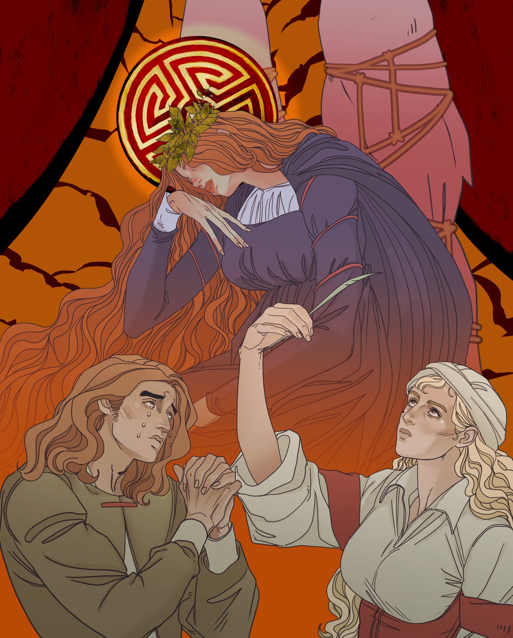 the image is an illustration featuring three people and a tied up figure in the background. a woman with long red hair and a laurel wreath is sitting in the upper half of the image, wearing a purple dress and dark cloak. she appears sad or pensive. in the lower left, a man with long brown hair is crying, his hands clasped together. to his right, a blond woman with a headscarf is looking up with a focused expression. in the background, there is a tiedup figure, possibly a woman, and a geometric design above the redhaired woman. the background colors are orange and red. the overall style is detailed and evocative.