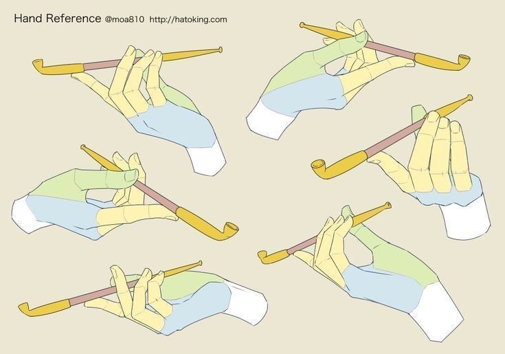 the image is a hand reference chart featuring six different hand poses holding a longstemmed smoking pipe. the hands are stylized and colorcoded, with light green indicating the palm and back of the hand, light blue for the wrist and lower forearm, and yellow for the fingers and thumb. the pipes are gold and brown. text at the top says "hand reference @moa810 http://hatoking.com". the image is likely intended as a guide for artists learning to draw hands in various positions.