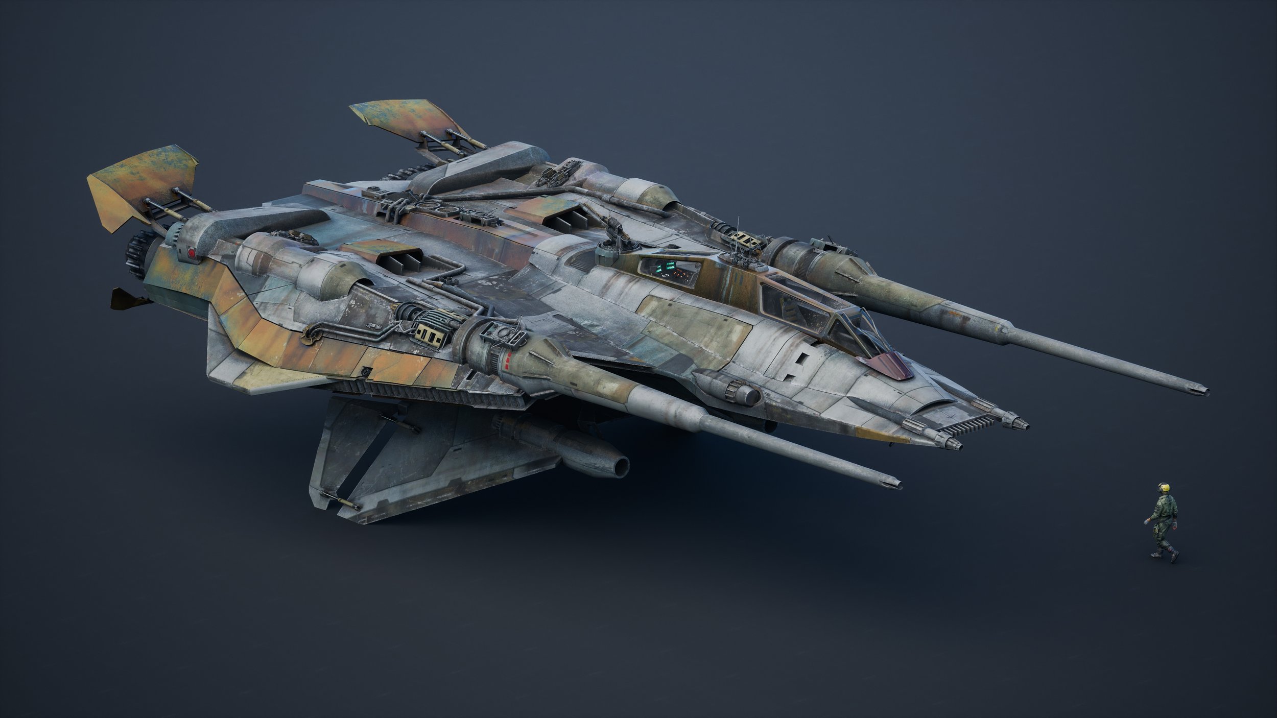 the image is a 3d render of a large, heavily armed, and weathered spaceship. the spaceship has a predominantly grey and beige camouflage pattern, showing signs of wear and tear, suggesting it has been through battles. it possesses several large guns, indicating its offensive capabilities.  the spaceship is positioned centrally in the frame against a muted greyblue background. a small, detailed figurine of a soldier stands in the lower right corner, offering a sense of scale to the colossal spaceship. the overall style is gritty and realistic, reminiscent of science fiction military hardware.