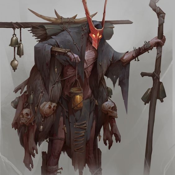 the image showcases a menacing humanoid creature, likely a demon, adorned with skulls and bones. its most striking feature is the red, skeletal mask covering its entire head, accentuated by two long, sharp horns. the demon's attire consists of tattered dark robes and a collection of mismatched items, including a staff, bells, and what appears to be a lantern. the creature's hands, a deep red and bony, clutch the staff and a hanging skull. multiple severed arms, each ending in a skeletal hand, protrude from the demon's waist, adding to its eerie and intimidating presence.