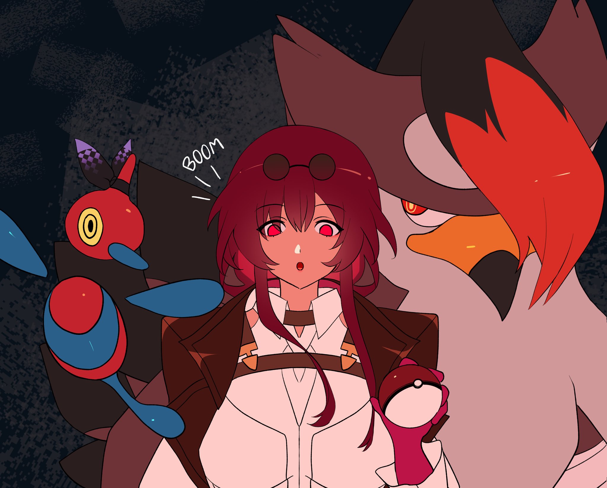 a female anime character with red hair and red eyes is holding a red pokeball and looking at a black and white bird pokemon with a red and blue pokemon.  the bird pokemon is attacking the red and blue pokemon and the girl looks surprised. there is a speech bubble that says "boom" behind the girl's head. the girl is wearing a white shirt and a brown jacket and is standing in front of a dark background.