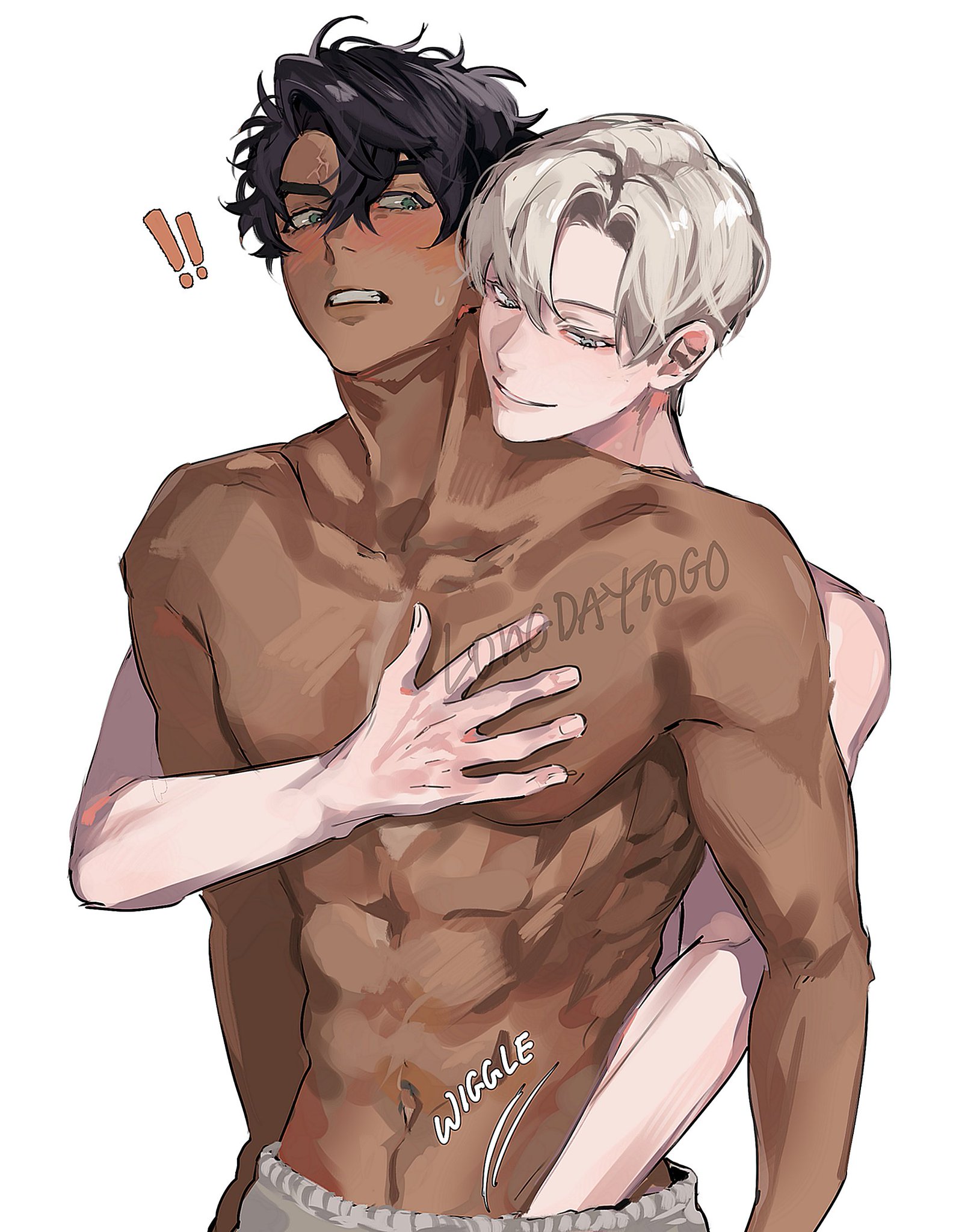the image is a digital drawing of two animestyle boys in an intimate embrace. one boy, with dark skin and short, dark hair, is shirtless and has a muscular physique. the other boy, with light skin and short, light hair, is embracing him from behind, their bodies pressed close together.  the overall style is soft and suggestive, with a focus on the physical closeness and affection between the characters. the background is plain white, drawing attention to the characters themselves. there are small text annotations such as "!!" and "wiggle" added to the image.