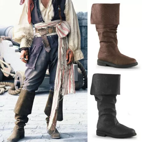 the image shows a person dressed in a pirate costume, specifically similar to the character jack sparrow. there are also two images of pirate boots on the right side, one brown and one black.
