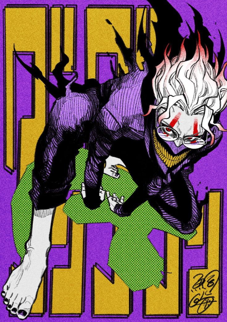 this is a colorful illustration of a male anime character with dark black hair with red streaks, white skin, and purple and black clothing.  he is barefoot and has on a pair of black and red glasses.  the character is positioned as if in a fighting pose, with one leg bent in front of him, and one leg extending out to the side.  he appears to be a villain.