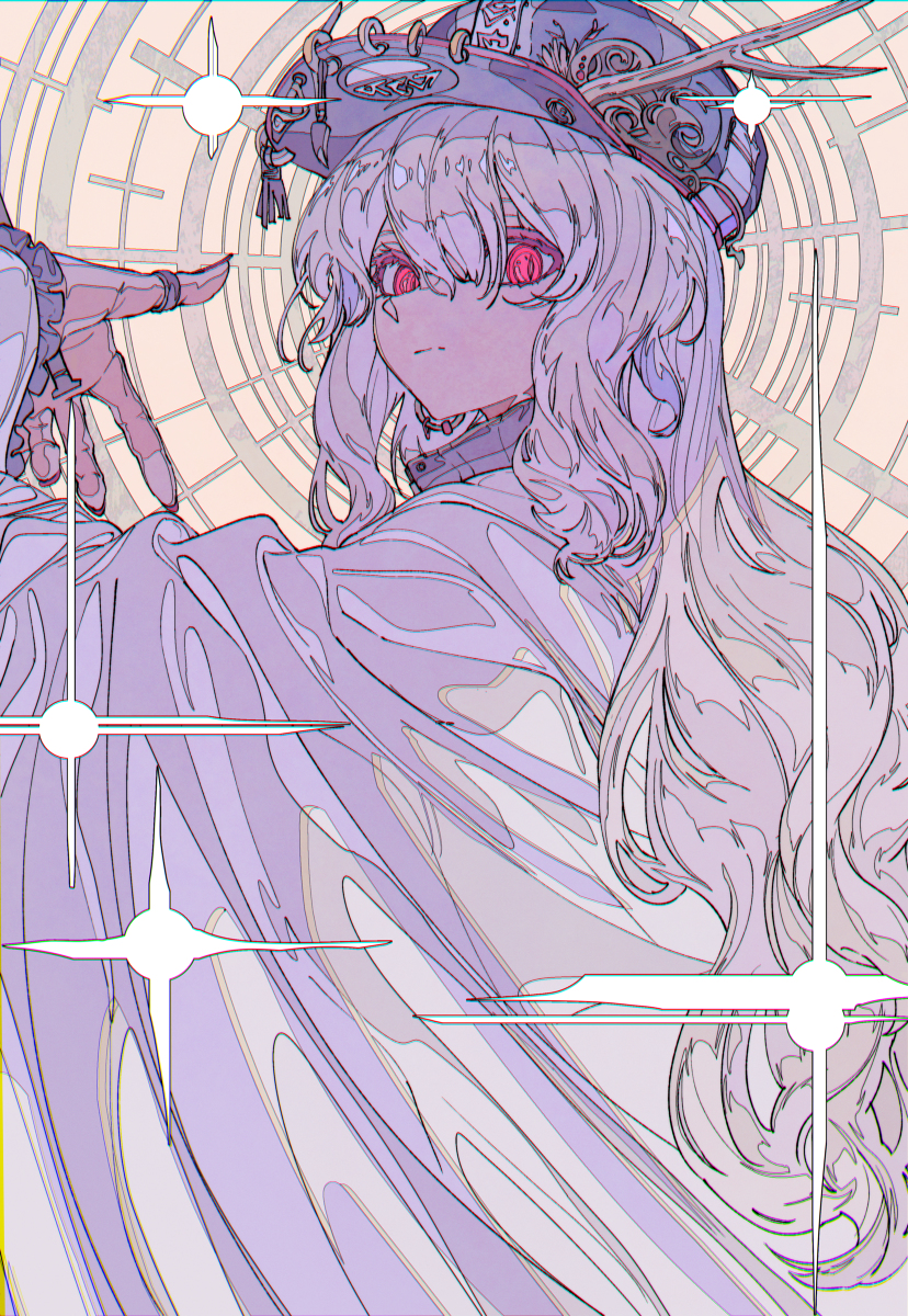 the image is a stylized digital illustration or artwork of a young animestyle girl. she possesses long, flowing white hair and striking red eyes. she's adorned with an elaborate, ornate hat that seems to feature antlers or similar protrusions. her clothing is a flowing, loose robe primarily in shades of purple and white. the artistic style is quite detailed, using intricate line work and a color palette that emphasizes purples and whites.  the background is abstract and geometric, featuring radiating lines and starlike bursts of light, contributing to an overall ethereal and otherworldly atmosphere. the girl's pose and expression are confident and slightly mysterious. the image’s style blends elements of fantasy and a somewhat cosmic feel.