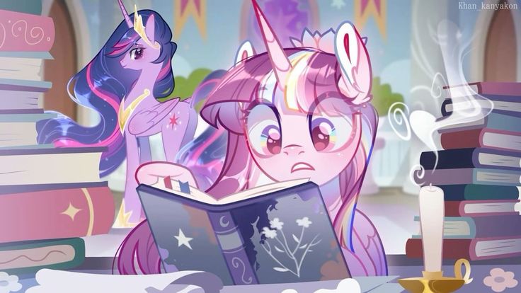 the image is a digital fanart depicting two my little pony characters, twilight sparkle and starlight glimmer. starlight glimmer is the focus, shown sitting at a table surrounded by stacks of books, intently reading a large, ornate book.  a candle sits near a pile of books.  twilight sparkle is standing slightly behind her, subtly present in the background. the style is soft, whimsical, and colorful, evocative of the my little pony aesthetic. the scene suggests a magical setting, perhaps a library or study, filled with a sense of learning and discovery.  the overall atmosphere is peaceful and studious.