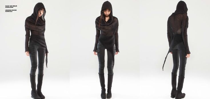 a young woman is standing in a white studio, modeling a black hooded sweater, black leggings, and tall black boots. she is looking down, and her hair is styled in a sleek, straight fashion. the background is white, allowing the clothes and the model to stand out.