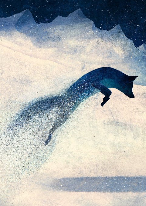 a digital artwork depicts a blue fox leaping through a snowy landscape at night. the fox has a starry constellation pattern within its fur, and its body disintegrates into sparkling dust as it moves. the background features snowcovered mountains under a starry night sky. the overall scene is dreamlike and magical.