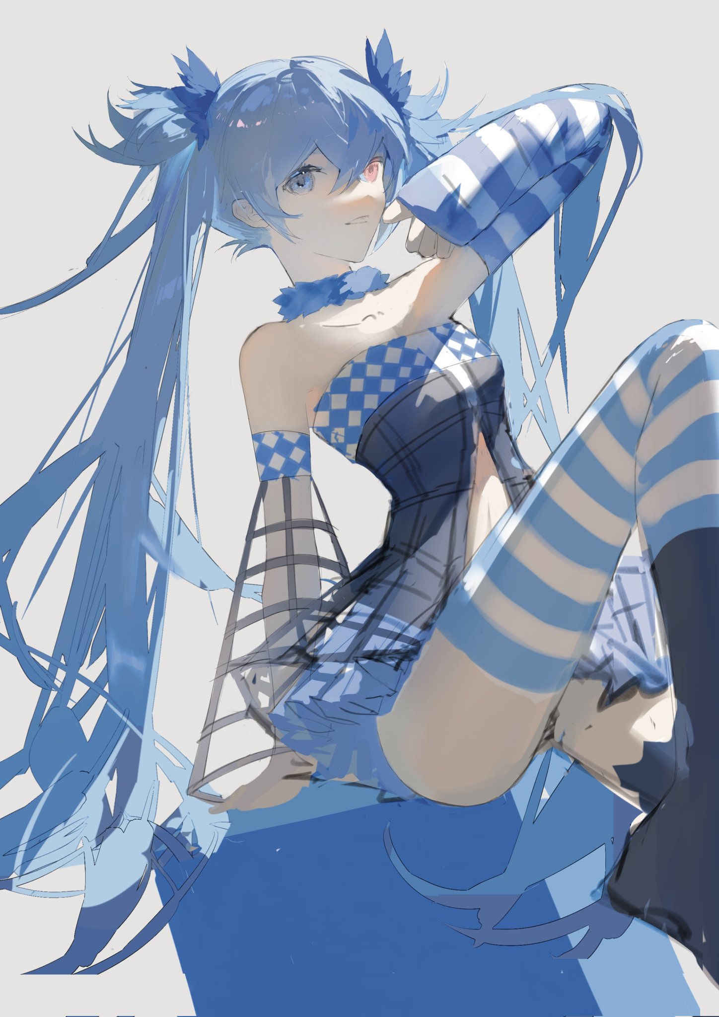 the image is a digital painting or illustration of a stylized anime girl. she has long, flowing blue twintails, and is wearing a blue and white checkered outfit that includes a corsetlike top, short skirt, and striped stockings. her sleeves are also striped, and she has small, pointed ears. the overall style is soft and airy, with a focus on light and flowing lines. the background is a simple, light gray, drawing attention to the character. the girl is sitting and posed in an elegant, slightly suggestive manner. the artwork showcases a blend of manga and fantasy art styles.