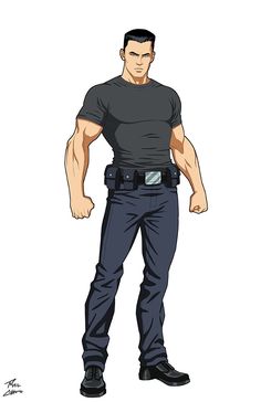 a fullbody illustration of a strong and determinedlooking man. he has short, dark hair and is wearing a dark gray tshirt, dark blue jeans with a belt, and black boots. he is standing with his feet apart and his fists clenched, as if ready for action. the background is white.
