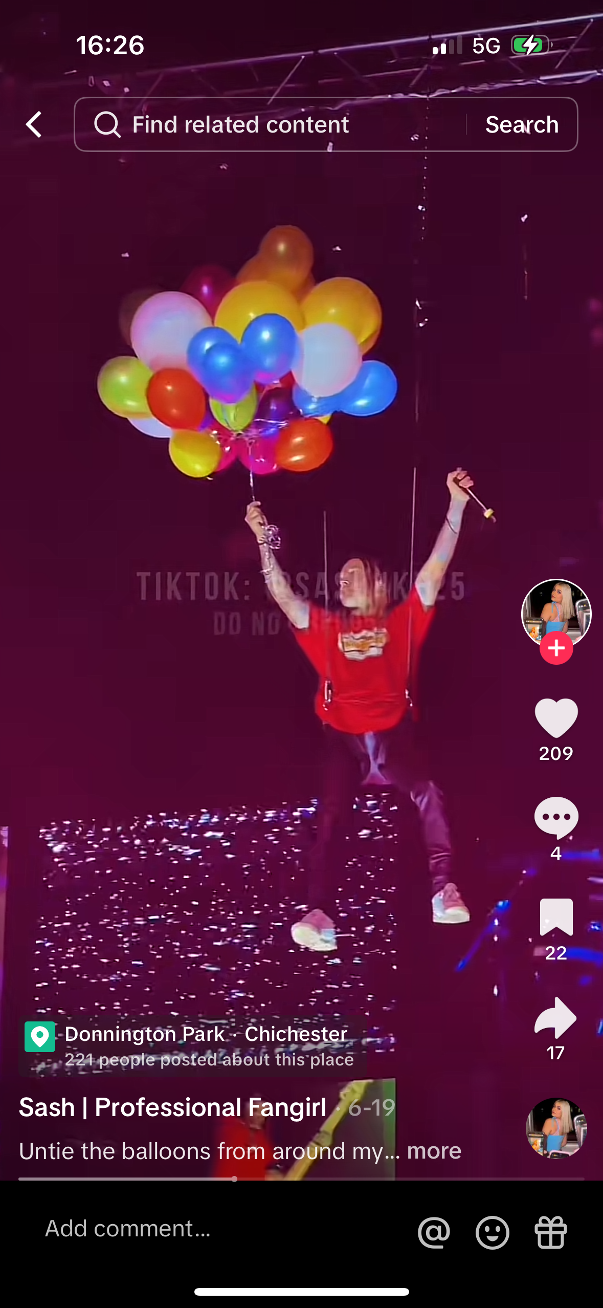 a young woman wearing a red shirt and holding balloons is shown in a tiktok video. the text on the screen reads "sash | professional fangirl," and "untie the balloons from around my..." she appears to be at donnington park, which is a popular motor racing circuit in england. the video has received over 200 likes, and there are a lot of comments. the video shows a woman having fun and enjoying her life.