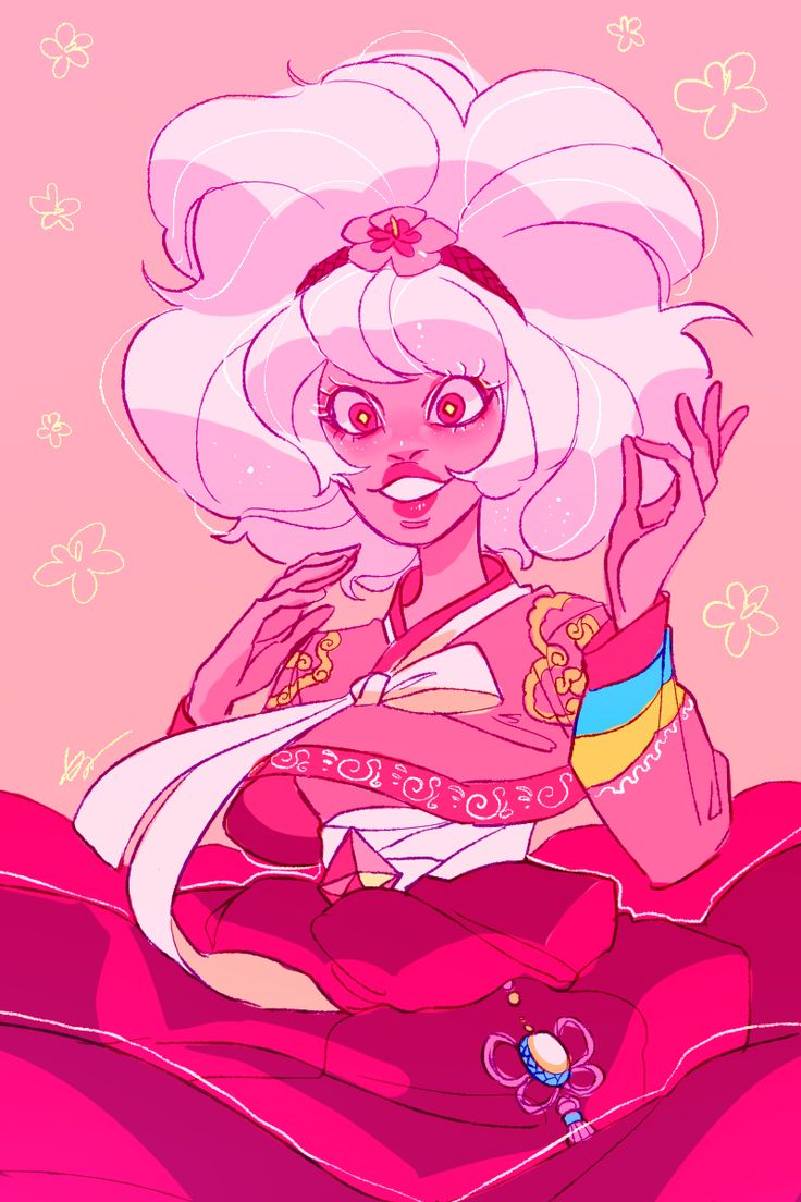 this is a digital illustration of pink diamond, a character from the cartoon series steven universe. she is drawn in an anime style, and is wearing a pink and white hanbok (traditional korean clothing). she has pink hair and is smiling, looking happy and confident. the background is a light pink color, with stylized flowers scattered around. the artwork overall is very colorful and playful, with a lot of vibrant colors.
