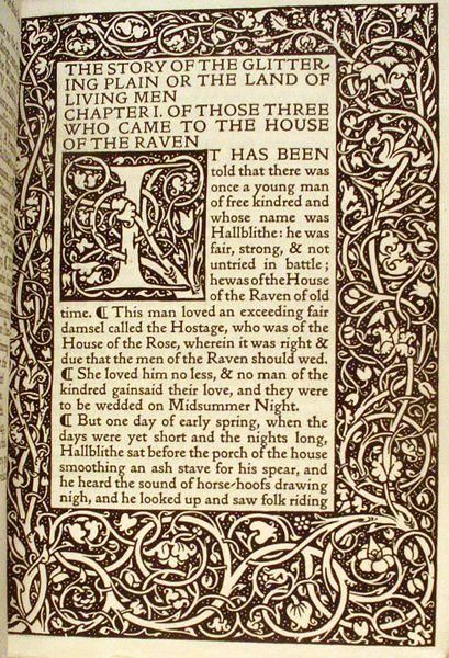 this image shows a page from a book. it is a literary work, possibly a novel or a collection of stories. the text is set within a decorative border of ornate floral designs and intricate patterns. the illustrations are in a style reminiscent of medieval manuscripts, characterized by intricate details and delicate lines.  the page includes an initial letter "i" that is large and ornamental.  the story appears to be a romantic one, featuring characters like hallblithe, hostange, and the houses of the raven and rose. the text suggests a tale of love, adventure, and possibly a marriage or wedding.