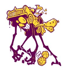 the image showcases a whimsical and cartoonish illustration of a yellow car transforming into a monster. the car's front end forms the head, complete with headlights as eyes and a mischievous grin. its tires morph into oversized, clawed hands, while the chassis extends into long, spindly legs. the overall impression is one of playful chaos and cartoonish exaggeration, highlighted by the use of vibrant yellow and purple hues. two dice with the number six facing forward complete the scene, hinting at themes of luck, chance, or perhaps even trouble.