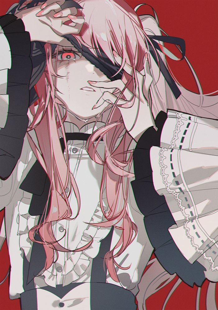 the image shows an anime girl with long, pink hair and red eyes. she's wearing a white shirt with black accents and ruffles. a black ribbon is tied in her hair. she has a blindfold on and tears are streaming down her face. her hands are covering her face. the background is red. she appears to be in distress.