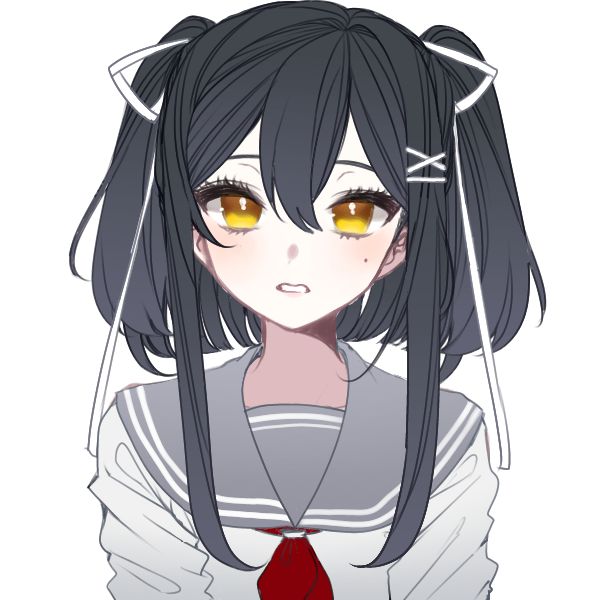 the image is a digital drawing of an animestyle girl.  she has dark, almost black hair styled in twintails with white ribbons.  her eyes are a striking golden yellow, and she's wearing a gray sailorstyle school uniform with a red ribbon. the art style is clean and slightly stylized, with soft shading and a focus on the character's expression, which appears somewhat serious or neutral. the overall impression is of a cute, yet slightly melancholic, anime schoolgirl.