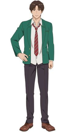 a young adult anime man with short brown hair and brown eyes is standing and smiling at the viewer. he is wearing a green blazer, white button down with a loose red tie, dark gray pants, and brown shoes.