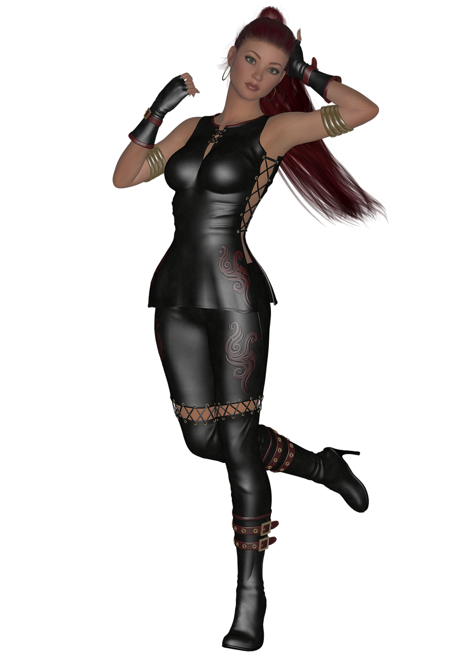 a digital art image of a woman with red hair and wearing leather clothing. she is posed in a stylized manner against a black background. she is wearing boots, gloves, and arm cuffs. the style of the image is fantasythemed.