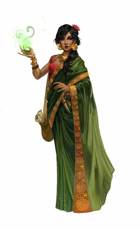 the image depicts a darkhaired woman, possibly of south asian descent, dressed in a flowing emerald green sari adorned with intricate gold embroidery. she wears gold jewelry and has a flower in her hair.  she's holding a small, glowing green orb, suggesting magical abilities.  she carries a scroll and a small bag, and a dagger is visible at her waist. the overall style is fantasybased digital art or painting, with a focus on elegant design and details. the background is plain white, which emphasizes the woman and her attire.