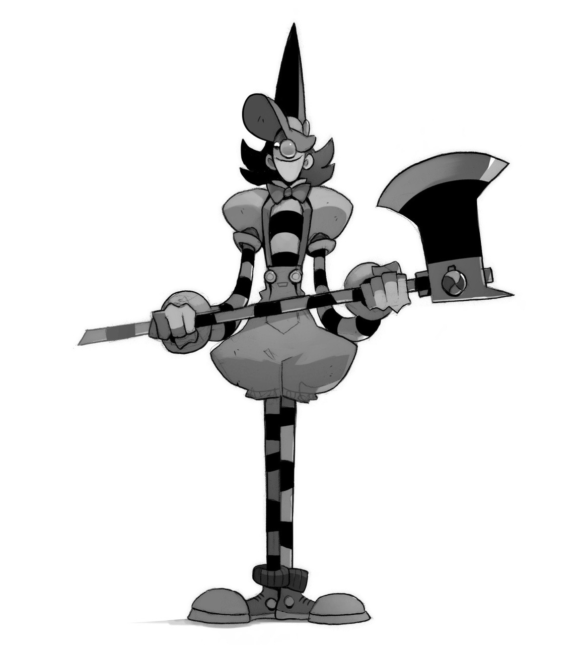 a tall, lanky cartoon character resembling a jester or clown stands holding a large axe. they wear a pointed hat, a wideeyed mask with circular lenses, and a striped outfit with puffy shorts. the overall style is exaggerated and stylized, rendered in shades of gray on a white background.
