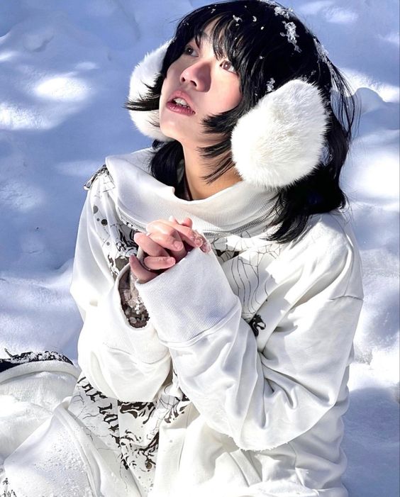 a woman is in the snow, wearing a white hooded sweatshirt and fur earmuffs. she is looking up and has her hands clasped together, her expression is calm and serene.
