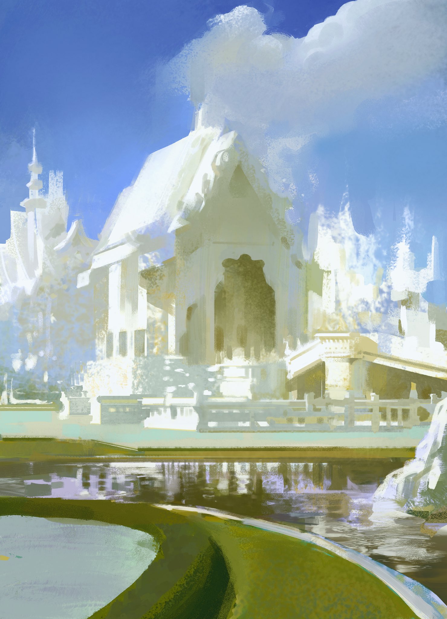 a digital painting of a white temple complex with a pond in the foreground. the temple is a beautiful example of thai architecture, with intricate carvings and details. the sky is blue with fluffy white clouds. the pond is reflecting the sky and the temple, creating a peaceful and serene atmosphere. the painting is done in a soft, dreamy style, which enhances the overall feeling of tranquility.