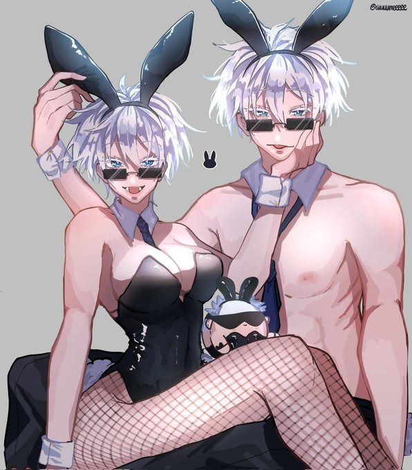 the image is a digital fanart illustration in anime style depicting a pair of young adults, a male and a female, both dressed in bunny girl costumes.  the female is wearing a black corsetstyle bunny outfit with fishnet stockings, and the male has a more revealing version of the outfit with a partially unbuttoned shirt.  both have white hair and are wearing sunglasses. they are seated close together, with the woman on the man's lap. a small plush toy rabbit is positioned between them. the overall style is suggestive and playful, with a focus on the characters' attractiveness and the playful nature of the bunny girl costumes. the art style is clean and polished with soft shading and color palettes.