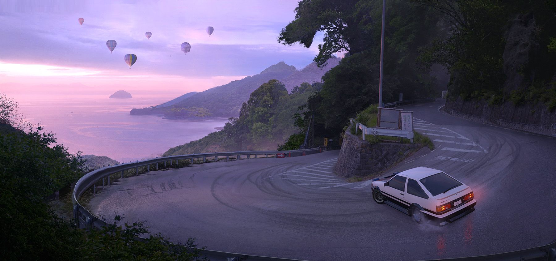 a white car is drifting on a winding mountain road, overlooking the sea during dusk. there are hot air balloons in the distance and a mountain range on the other side of the sea. the scene is bathed in the soft, warm light of the setting sun.