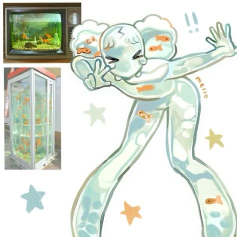 the image is a collage featuring three distinct elements: a vintage television displaying a fish tank, a modern phone booth also containing multiple fish tanks, and a whimsical cartoon illustration of a translucent character with goldfish embedded within its body.  the character is stylized, almost resembling a fluid creature with exaggerated limbs and poses playfully.  the overall color palette is soft and pastel, with light greens, teals, and oranges dominating.  stars are scattered around the cartoon character, contributing to the whimsical and dreamy feel of the piece. the contrast between the realistic imagery of the fish tanks and the cartoonish character creates a visually interesting juxtaposition.