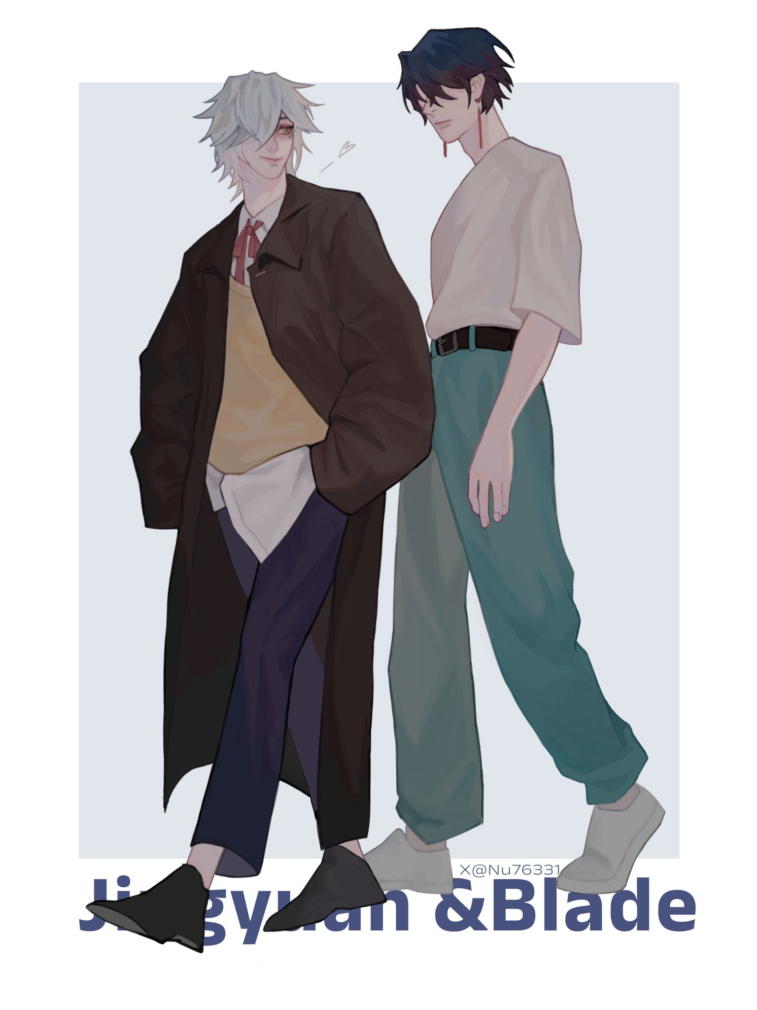 the image features a digital art illustration of two anime boys. the boy on the left has white hair and is wearing a brown coat, a yellow sweater, and black pants. the boy on the right has black hair and is wearing a white shirt and teal pants. both boys are walking forward. the illustration is styled in a casual way with a simple background.