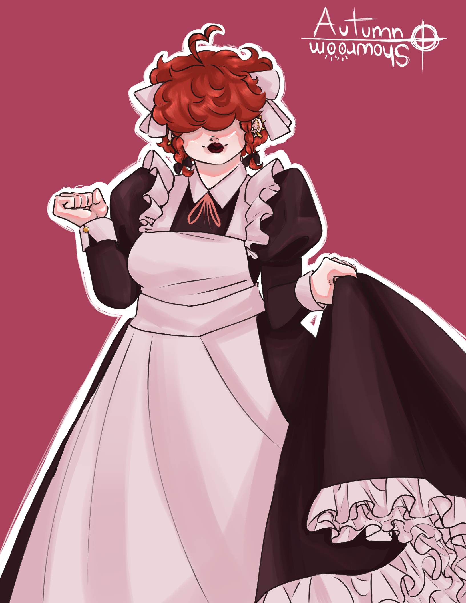 the image showcases a digital illustration of a person with short, curly red hair styled with a headband and adorned with earrings, wearing a classic maid uniform with a black and white color scheme. they are posing against a solid color background, their expression hidden.