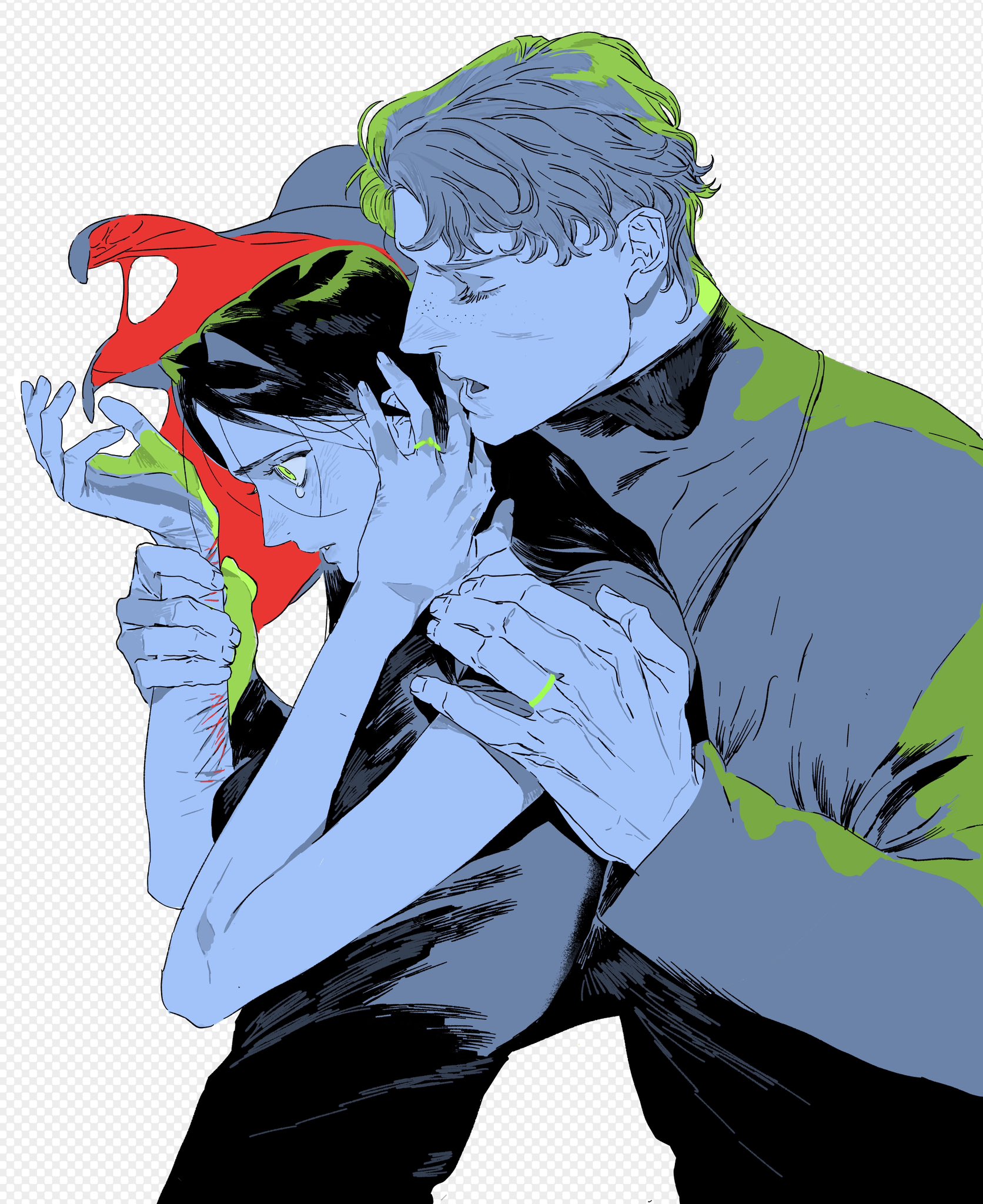 an illustration of a couple embracing, rendered in a stylized manner with blue skin tones and green accents. the man holds the woman close, his hand on her face, while she looks down with tears in her eyes. the image suggests tenderness and emotional vulnerability. a red shape is behind the woman's head. they both wear green rings.