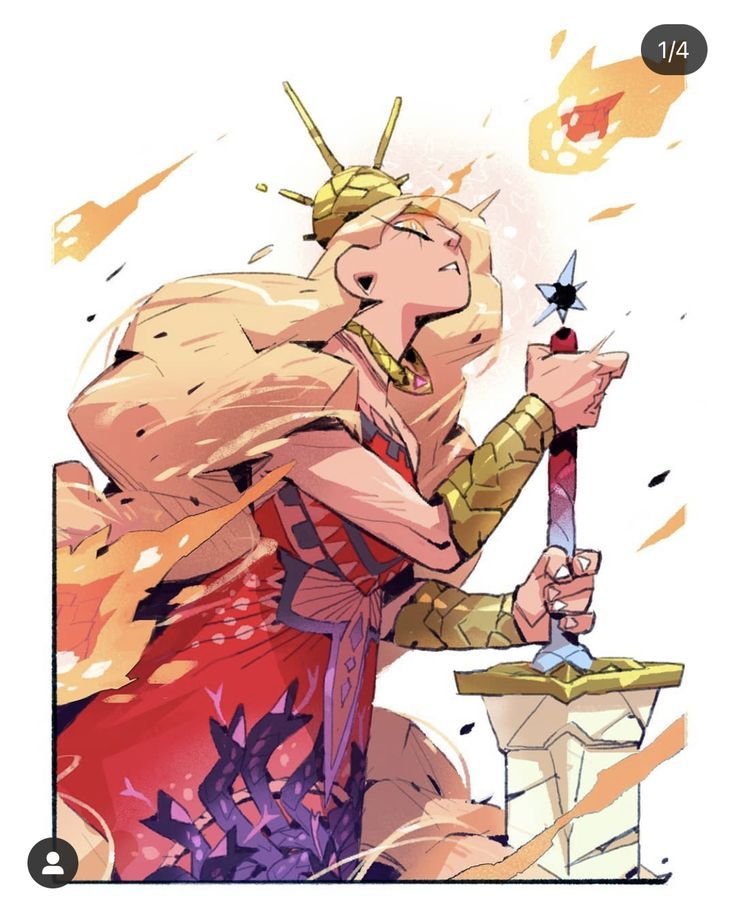 illustration of princess zelda holding a sword with a starshaped pommel, wearing a golden crown and armor, and a red dress with purple accents. she is looking up, and there is a firelike dragon shape in the background.