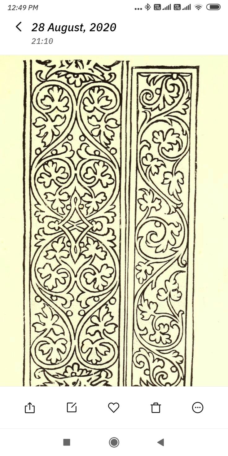 the image shows two symmetrical patterns of a decorative, ornate, and abstract design. the patterns are made up of stylized leaves and flowers, creating a repetitive and intricate design. the patterns are black and white, giving them a classic and elegant look. the design is similar to those found in traditional art and architecture.