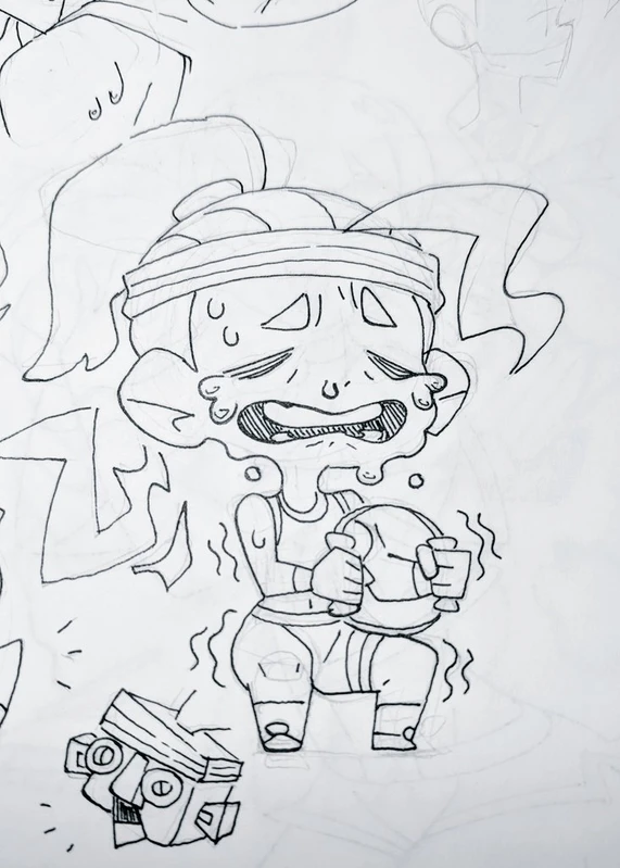 a black and white doodle of a cartoon character, probably a sports player, wearing a headband and shorts, holding a sports equipment and crying while sitting on the floor. the drawing is made with simple lines and has a lighthearted, funny feel to it. the character's expression, posture, and the sweat droplets indicate that they are sad and disappointed.