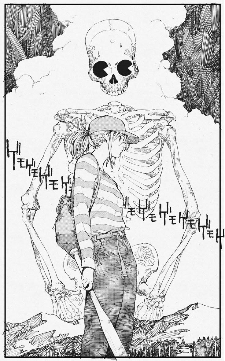 a black and white manga image features a woman standing in a landscape, holding a baseball bat. she is wearing a striped shirt, hat, and pants, with a backpack slung over her shoulder. behind her stands a large skeleton, with a skull floating above it. the background includes grass and trees, all rendered in a detailed, hatched style. japanese text is scattered around the skeleton. the overall tone of the image is horror.