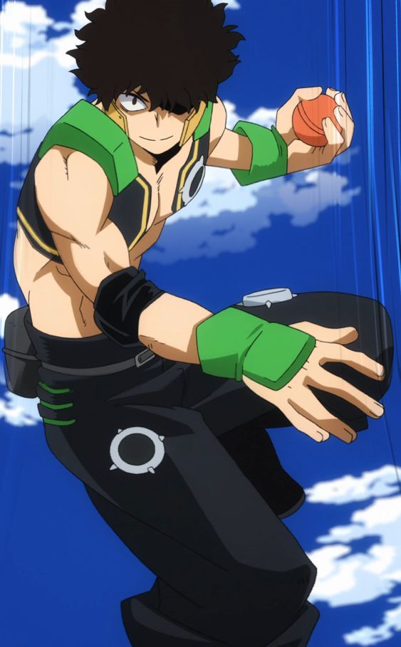 this image depicts a muscular male anime character with green hair floating in mid air. he is wearing a black and green costume that includes gloves, a belt with a large silver circle, and a green and black wristband. the background features a light blue sky with white clouds and blue vertical streaks.