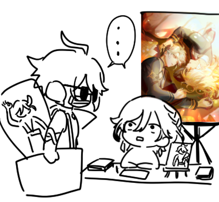this is a digital drawing of two anime characters. the character on the left is a boy with spiky hair and glasses, while the character on the right is a girl with long, flowing hair. the boy is looking at the girl with a surprised expression, while the girl is looking at a picture with a shocked expression. the picture shows a pair of anime characters in a romantic pose. the boy has a thought bubble above his head with question marks. the scene is drawn in a simple, cartoonish style with black lines. the background is white. the image is drawn in a manga style. it appears to be a scene from a comic or manga.