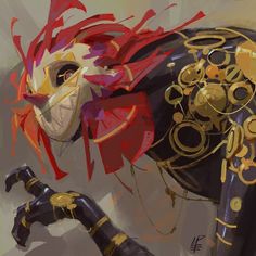 he image showcases a closeup of a fantastical creature, a fusion of avian and mechanical elements. rendered with soft lighting and brushstrokes, the creature exudes a sense of intricate detail and vibrancy. its head resembles a bird's skull, adorned with a red and white jesterlike pattern. golden mechanical components, reminiscent of clockwork, are integrated into its head and right arm. the creature's body, primarily black, suggests a robotic structure. its left arm, outstretched towards the viewer, features a golden, clawlike hand. the background remains largely undefined, further emphasizing the creature as the central focus.