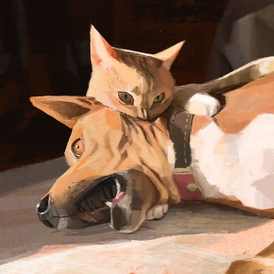 a digital painting of a brown and white cat and dog cuddling together. the cat is on top of the dog, nuzzling into its fur. the dog has its eyes closed, enjoying the affection. the painting is done in a realistic style with soft, muted colors.