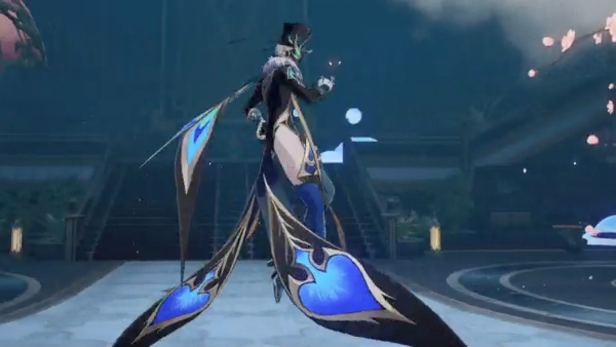 a 3d render of the anime character yunjin from the video game genshin impact. yunjin is a female character with blue and black wings. she is standing and posed in a magical fantasy pose. she is wearing a blue and black dress with a black hat.