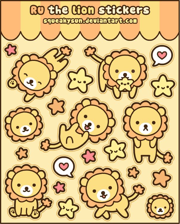 this image is a sticker sheet featuring various designs of cute, cartoon lions.  the lions are predominantly yellow and orange, with simplified features and friendly expressions.  they are adorned with small, decorative elements like stars and hearts. the overall style is kawaii, and the sheet is labelled "ru the lion stickers" along with a deviantart url.  the background is a pastel yellow.
