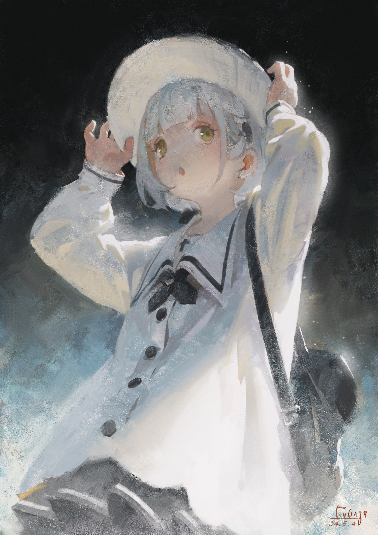 a painting of an anime girl in a white sailor uniform, holding onto a white hat. she is looking slightly upwards and has a backpack slung over her shoulder. the background is dark with a soft glow around her.